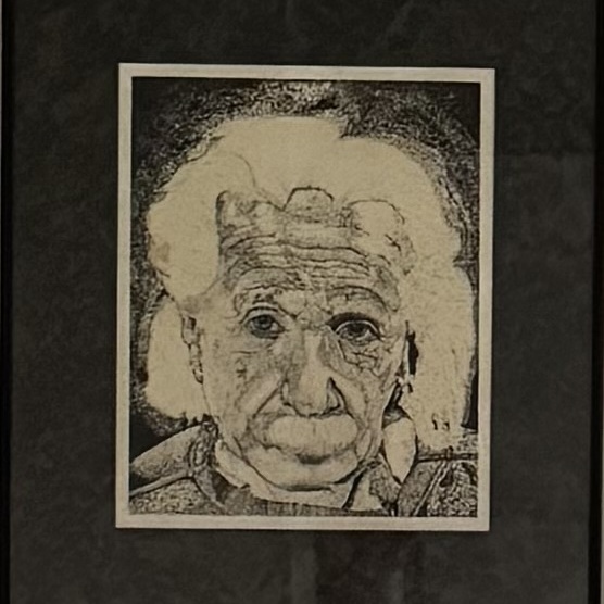 Einstein - ink pointillism from high school project in 1978. 

Ink on paper
8 x 10