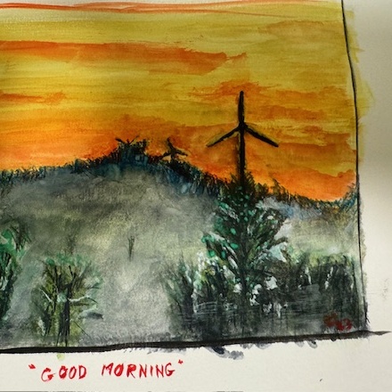 My first watercolour just happened to include fog, a brilliant sky and windpower mills.
